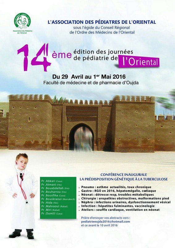 Oujda / l’association des pédiatres de l’oriental organise ses 14 émes journées scientifiques du 29 avril au 1 mai 2016