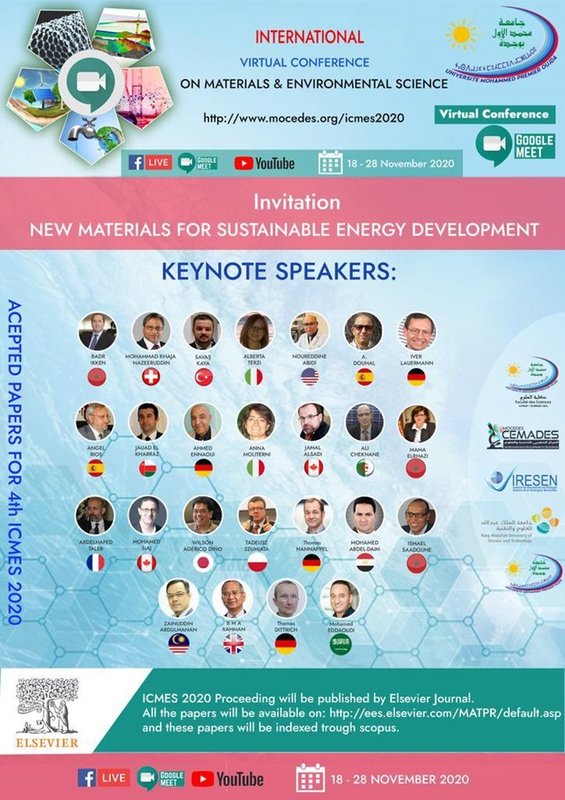 المؤتمر الدولي الرابع عن بعد لعلوم المواد والبيئة – ICMES’2020- خلال عشرة أيام من 18 إلى28 نوفمبر بجامعة محمد الأول وجدة.