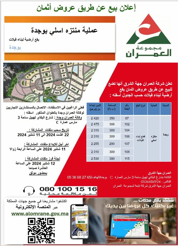 شركة العمران جهة الشرق : اعلان بيع عن طريق عروض أثمان – بقع ارضية لبناء فيلات بوجدة